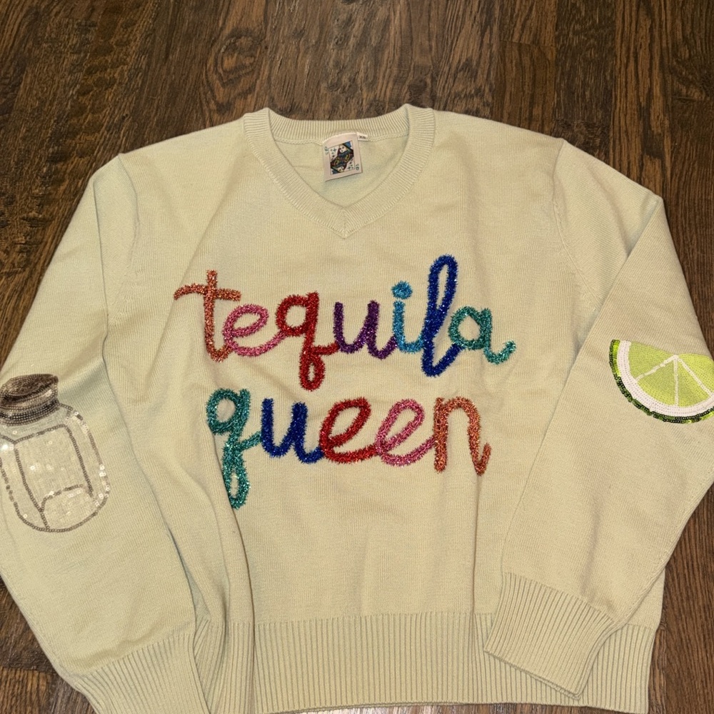 QUEEN OF SPARKLES light green Sweater with Multicolor Embellishments